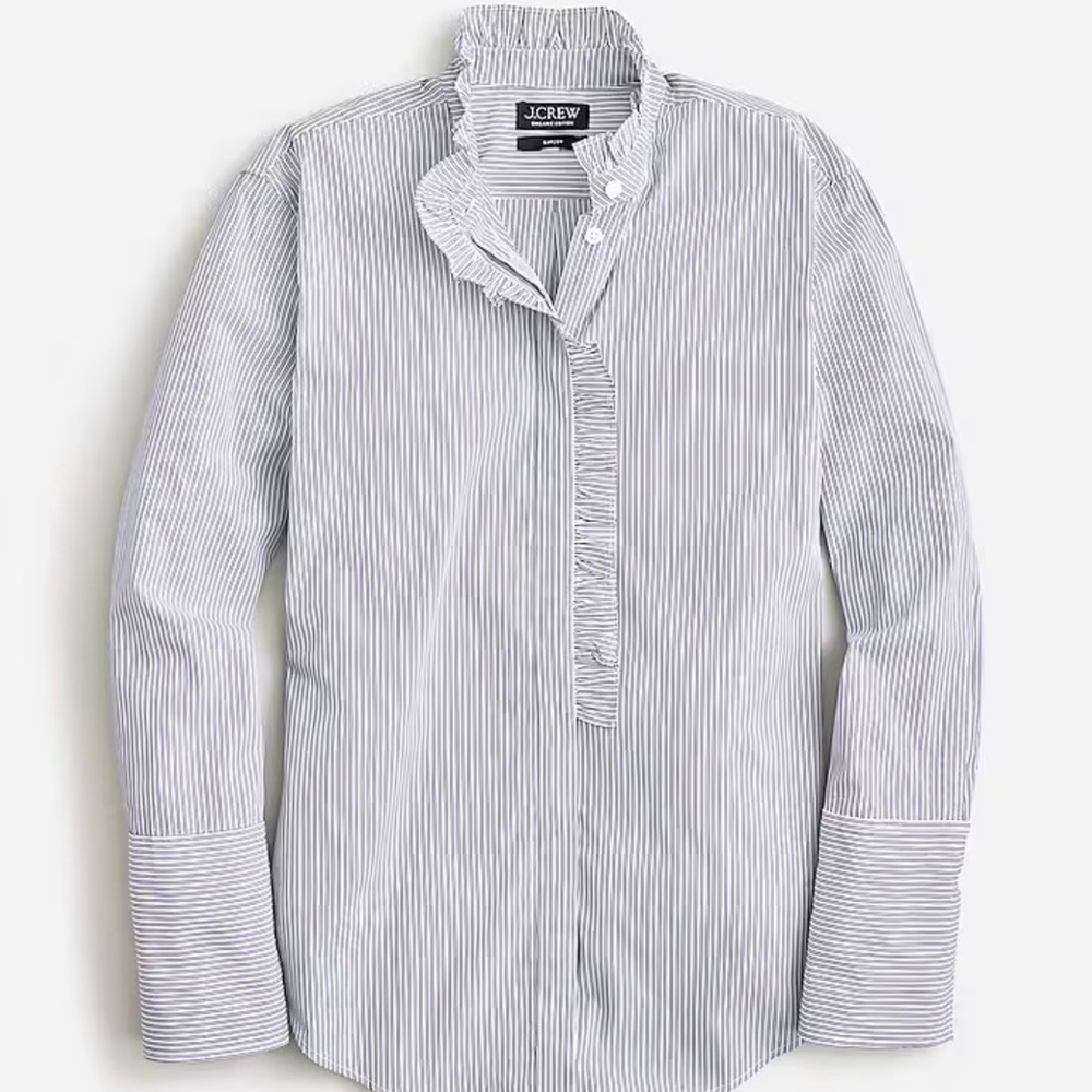 J.crew women's Ruffle-trim garçon shirt in stripe blue white organic cotton 8